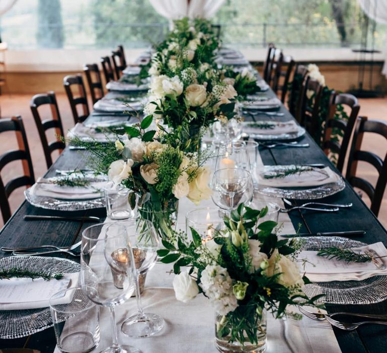 Table Scape | White Floral Centrepieces | Outdoor Intimate Wedding at Casa Cornacchi in Tuscany, Italy | Dale Weeks Photography