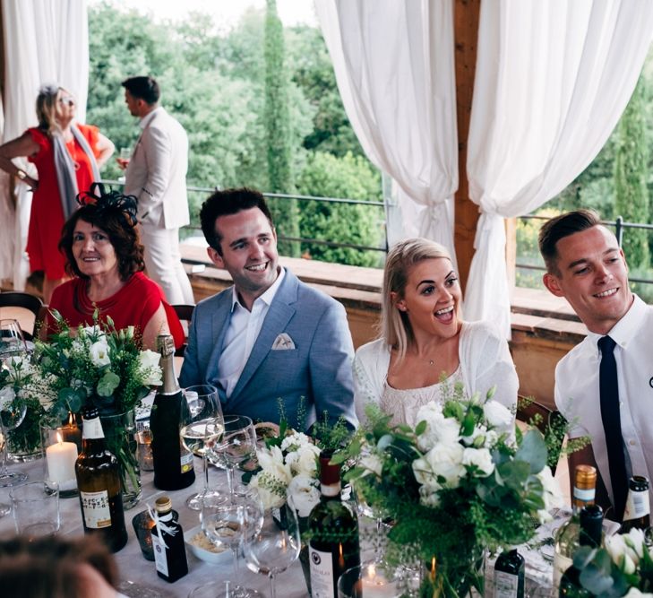 Table Scape | White Floral Centrepieces | Outdoor Intimate Wedding at Casa Cornacchi in Tuscany, Italy | Dale Weeks Photography