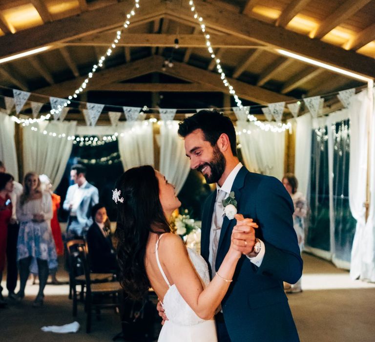 First Dance | Bride in Sarah Seven Wedding Dress | Groom in Navy Paul Smith Suit | Outdoor Intimate Wedding at Casa Cornacchi in Tuscany, Italy | Dale Weeks Photography