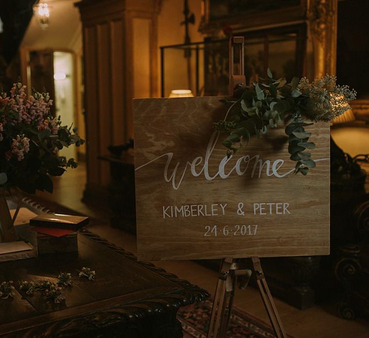 Wooden Welcome Sign | Blue & White Outdoor Summer Wedding at Maunsel House, Somerset | Maureen Du Preez Photography