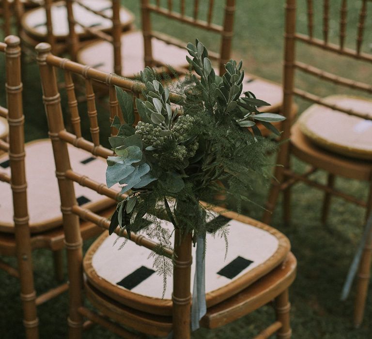 Greenery Chair Back Wedding Decor | Blue & White Outdoor Summer Wedding at Maunsel House, Somerset | Maureen Du Preez Photography