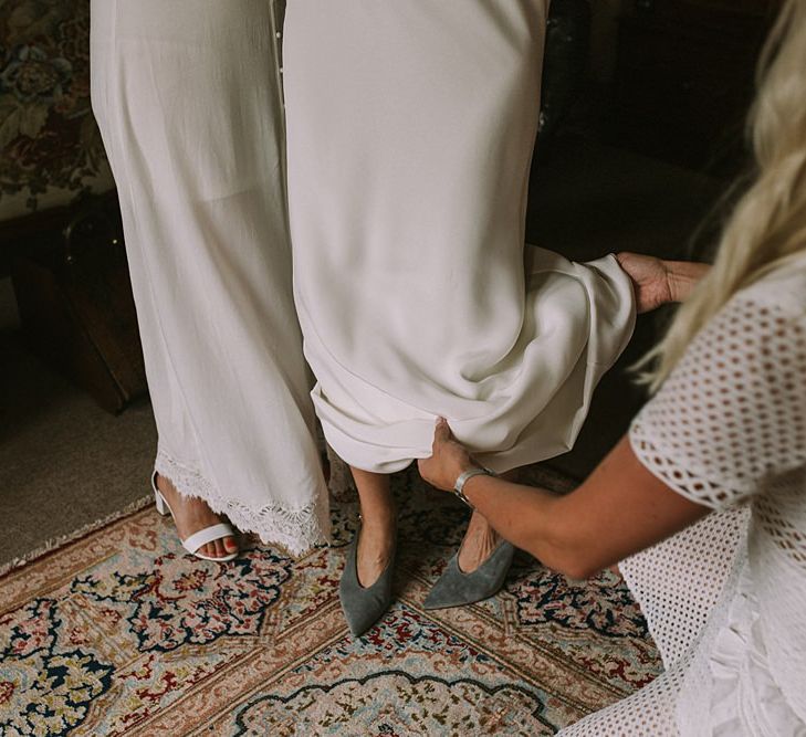 Grey Suede Wedding Shoes | Blue & White Outdoor Summer Wedding at Maunsel House, Somerset | Maureen Du Preez Photography