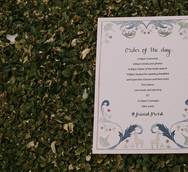 Order of the Day Wedding Stationery | Blue & White Outdoor Summer Wedding at Maunsel House, Somerset | Maureen Du Preez Photography