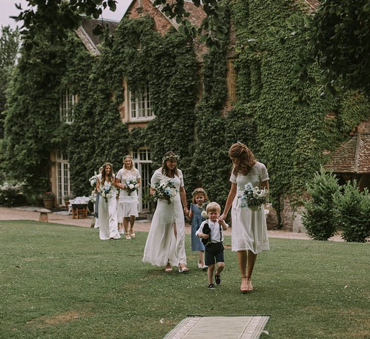 Bridesmaids Entrance in White Dresses | Blue & White Outdoor Summer Wedding at Maunsel House, Somerset | Maureen Du Preez Photography