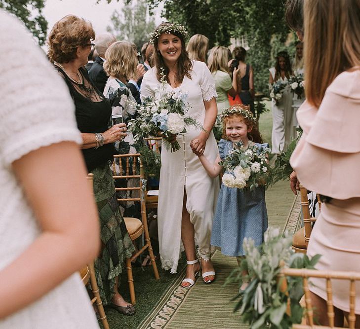 Bridesmaid & Flower Girl Entrance in White & Blue Dresses | Blue & White Outdoor Summer Wedding at Maunsel House, Somerset | Maureen Du Preez Photography