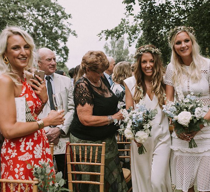 Bridesmaid Entrance in White Dresses | Blue & White Outdoor Summer Wedding at Maunsel House, Somerset | Maureen Du Preez Photography