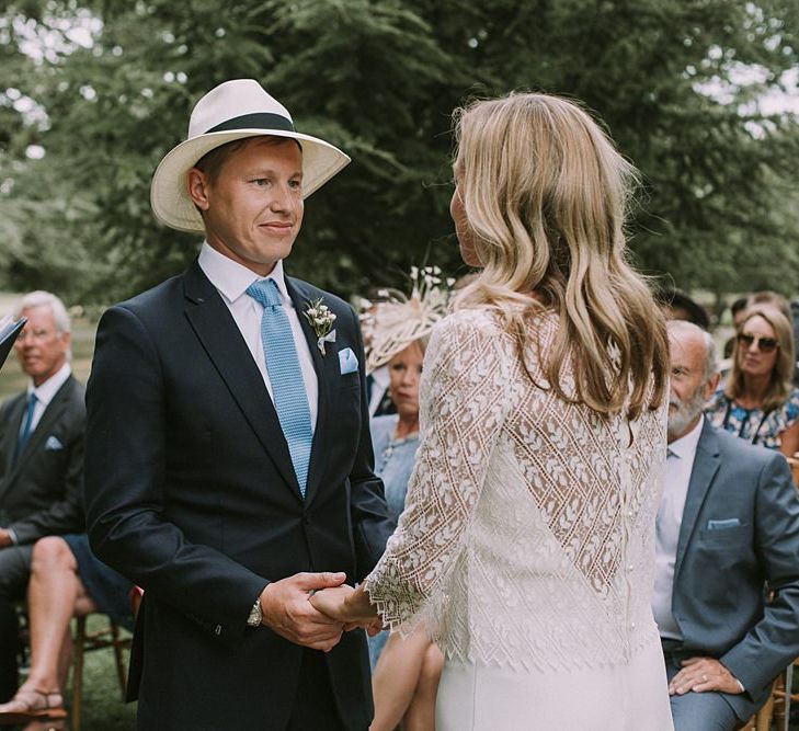 Wedding Ceremony | Bride in a Laure de Sagazan Gown | Groom in Navy Suit | Blue & White Outdoor Summer Wedding at Maunsel House, Somerset | Maureen Du Preez Photography