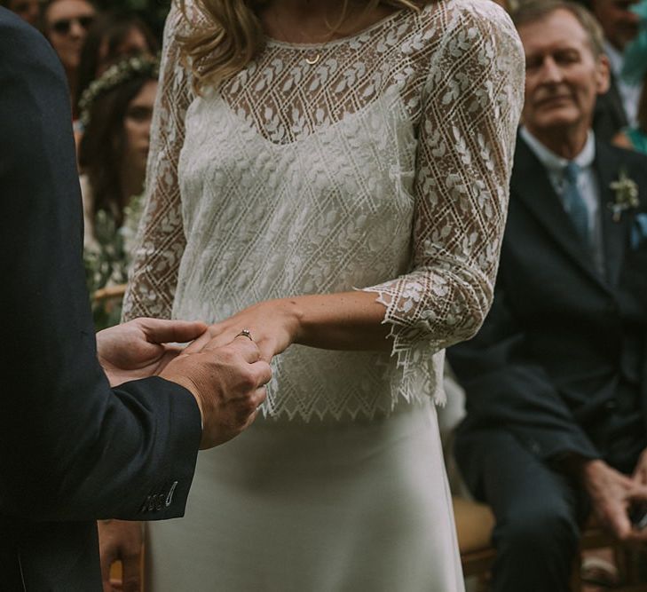 Wedding Ceremony | Bride in a Laure de Sagazan Gown | Groom in Navy Suit | Blue & White Outdoor Summer Wedding at Maunsel House, Somerset | Maureen Du Preez Photography