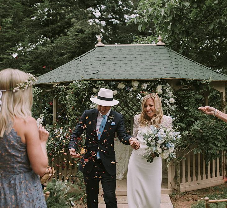 Wedding Ceremony | Bride in a Laure de Sagazan Gown | Groom in Navy Suit | Blue & White Outdoor Summer Wedding at Maunsel House, Somerset | Maureen Du Preez Photography