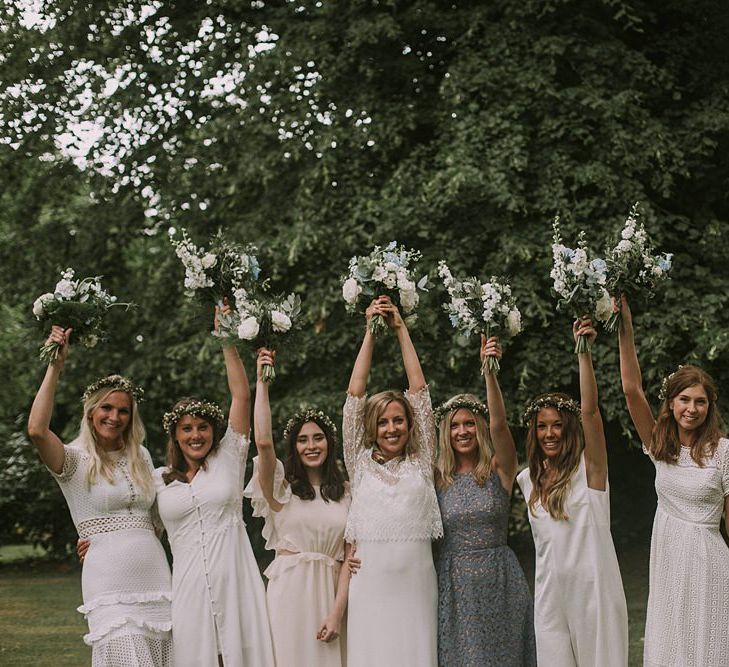 Bridesmaids in White & Blue Dresses | Bride in Laure du Sagazan Gown | Blue & White Outdoor Summer Wedding at Maunsel House, Somerset | Maureen Du Preez Photography