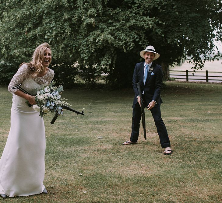 Bride in Laure du Sagazan Gown | Groom in Panama Hat | Blue & White Outdoor Summer Wedding at Maunsel House, Somerset | Maureen Du Preez Photography