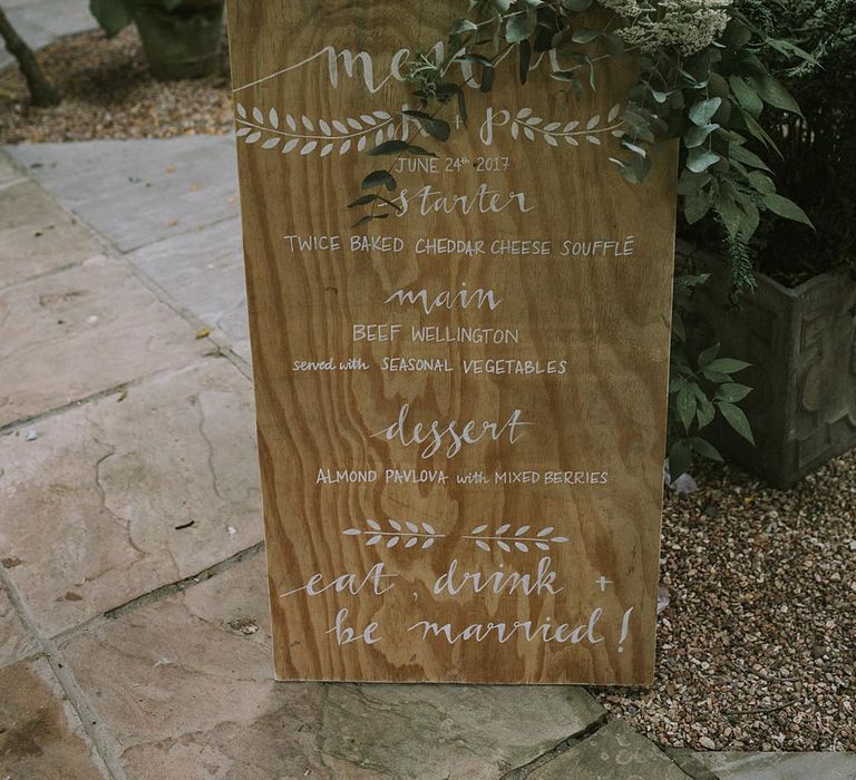 Wooden Menu Sign | Blue & White Outdoor Summer Wedding at Maunsel House, Somerset | Maureen Du Preez Photography