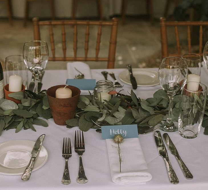 Eucalyptus Table Runner | Blue & White Outdoor Summer Wedding at Maunsel House, Somerset | Maureen Du Preez Photography