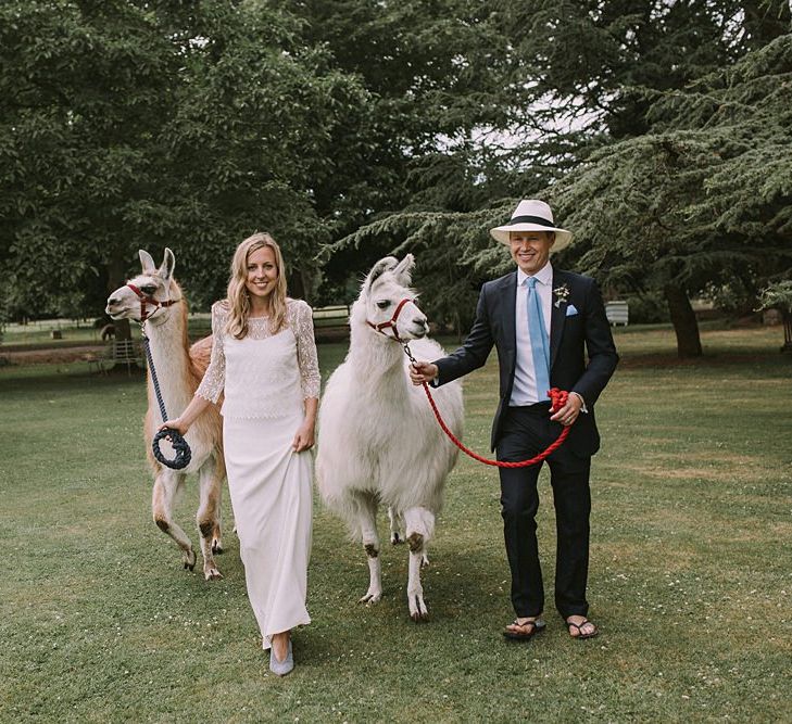 Bride in Laure du Sagazan Gown | Groom in Panama Hat | Llamas | Blue & White Outdoor Summer Wedding at Maunsel House, Somerset | Maureen Du Preez Photography