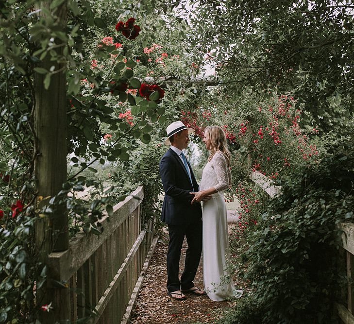 Bride in Laure du Sagazan Gown | Groom in Panama Hat | Blue & White Outdoor Summer Wedding at Maunsel House, Somerset | Maureen Du Preez Photography