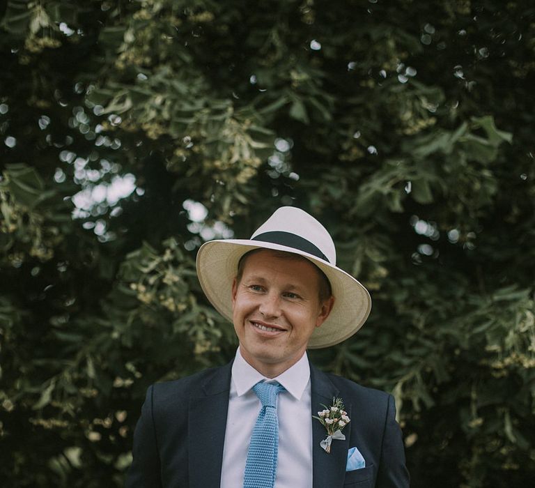 Groom in Panama Hat | Blue & White Outdoor Summer Wedding at Maunsel House, Somerset | Maureen Du Preez Photography