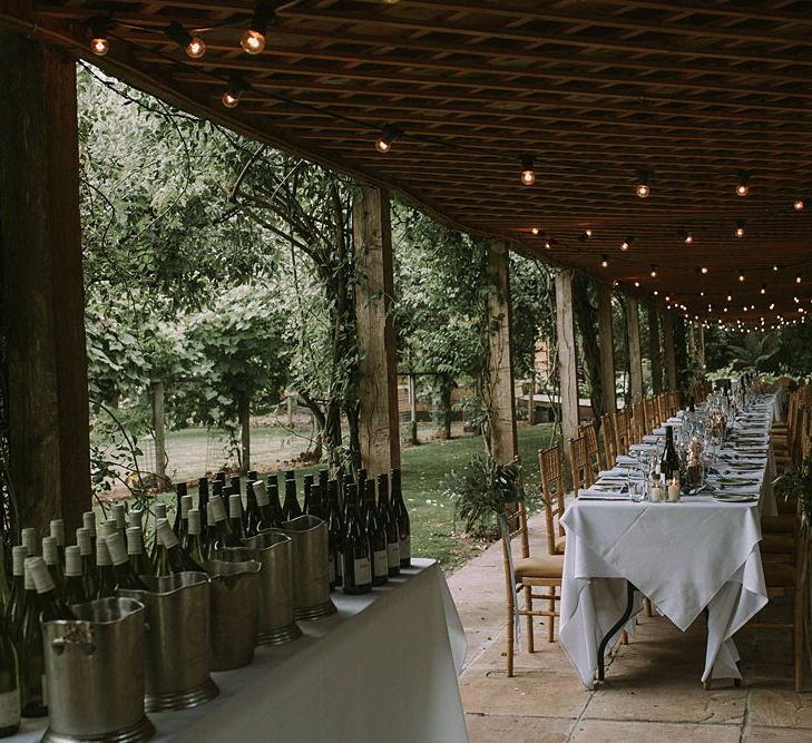 Patio Reception | Blue & White Outdoor Summer Wedding at Maunsel House, Somerset | Maureen Du Preez Photography