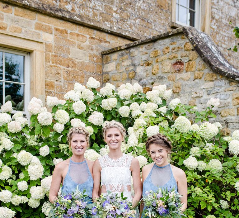 Bridesmaids In Sky Blue Dresses // Yolan Cris Bride For A Stylish Boho Wedding At Axnoller Dorset Floral Arch Jennifer Poynter With Images From Lydia Stamps Photography