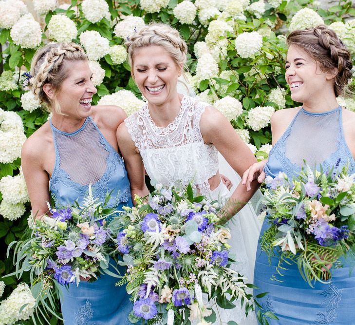 Bridesmaids In Sky Blue Dresses // Yolan Cris Bride For A Stylish Boho Wedding At Axnoller Dorset Floral Arch Jennifer Poynter With Images From Lydia Stamps Photography