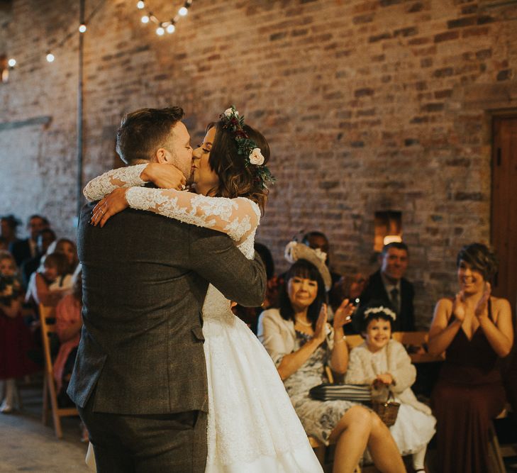 Rustic Autumn Wedding At Barmbyfields Barn With Bride In Ellis Bridal Tea Length Dress & Flowers By Number 27 Floral Design With Images From Emma Maddocks Photography