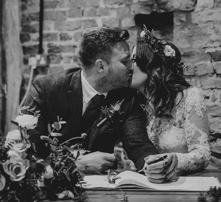 Rustic Autumn Wedding At Barmbyfields Barn With Bride In Ellis Bridal Tea Length Dress & Flowers By Number 27 Floral Design With Images From Emma Maddocks Photography