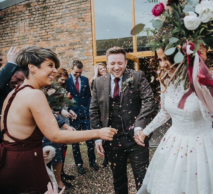 Rustic Autumn Wedding At Barmbyfields Barn With Bride In Ellis Bridal Tea Length Dress & Flowers By Number 27 Floral Design With Images From Emma Maddocks Photography