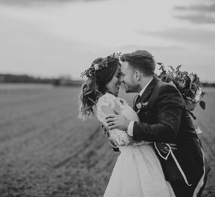 Rustic Autumn Wedding At Barmbyfields Barn With Bride In Ellis Bridal Tea Length Dress & Flowers By Number 27 Floral Design With Images From Emma Maddocks Photography