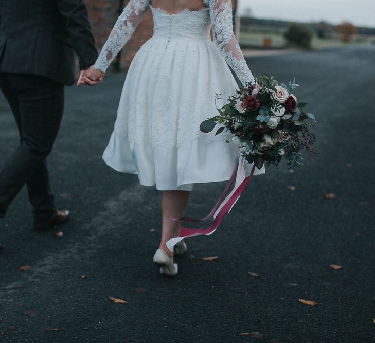 Rustic Autumn Wedding At Barmbyfields Barn With Bride In Ellis Bridal Tea Length Dress & Flowers By Number 27 Floral Design With Images From Emma Maddocks Photography