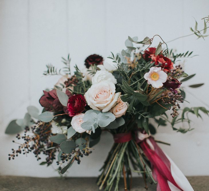 Rustic Autumn Wedding At Barmbyfields Barn With Bride In Ellis Bridal Tea Length Dress & Flowers By Number 27 Floral Design With Images From Emma Maddocks Photography