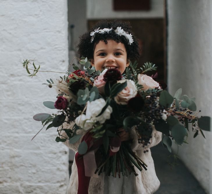 Rustic Autumn Wedding At Barmbyfields Barn With Bride In Ellis Bridal Tea Length Dress & Flowers By Number 27 Floral Design With Images From Emma Maddocks Photography