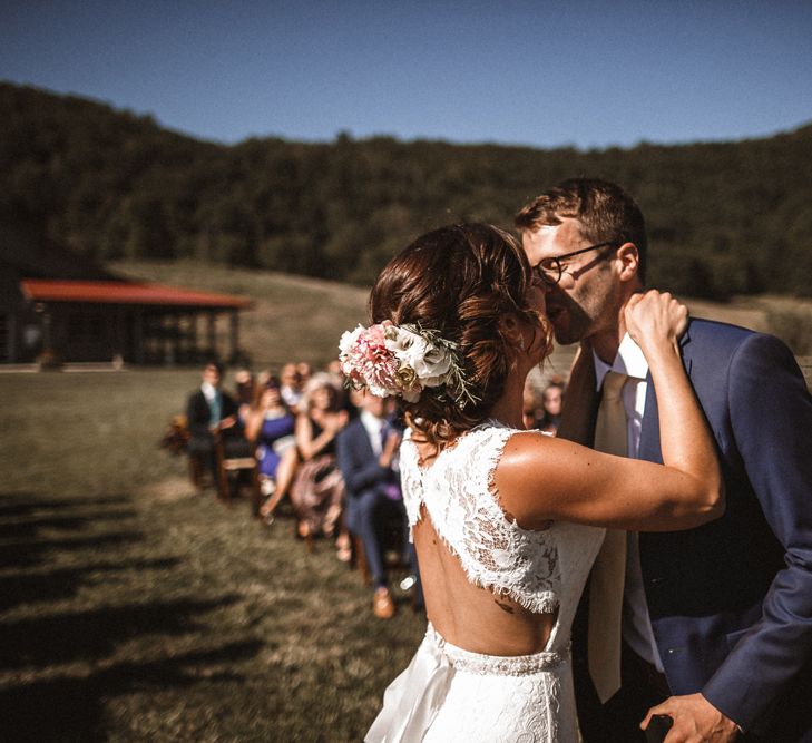 Ceremony | Bride in Venus Bridal Gown | Groom in Ted Baker Suit | Outdoor Wedding at Claxton Farm in Weaverville, North Carolina | Benjamin Wheeler Photography