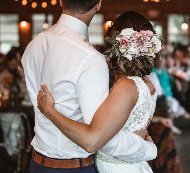 First Dance | Festoon Lights | Bride in Lace Venus Bridal Gown | Groom in Ted Baker Suit | Outdoor Wedding at Claxton Farm in Weaverville, North Carolina | Benjamin Wheeler Photography