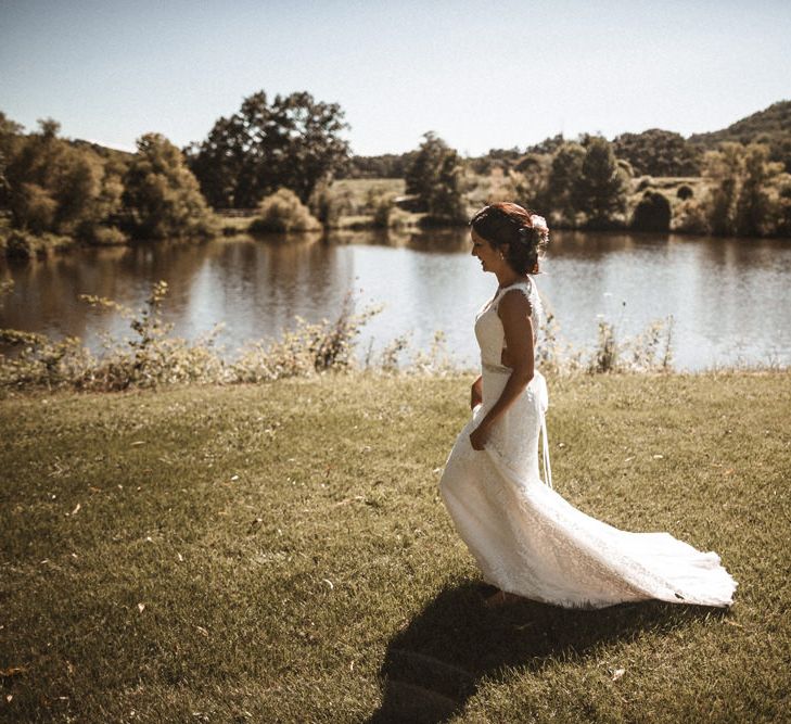 First Look with Bride in Lace Venus Bridal Gown | Outdoor Wedding at Claxton Farm in Weaverville, North Carolina | Benjamin Wheeler Photography