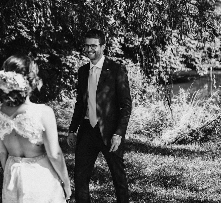 First Look | Bride in Lace Venus Bridal Gown | Groom in Ted Baker Suit | Outdoor Wedding at Claxton Farm in Weaverville, North Carolina | Benjamin Wheeler Photography