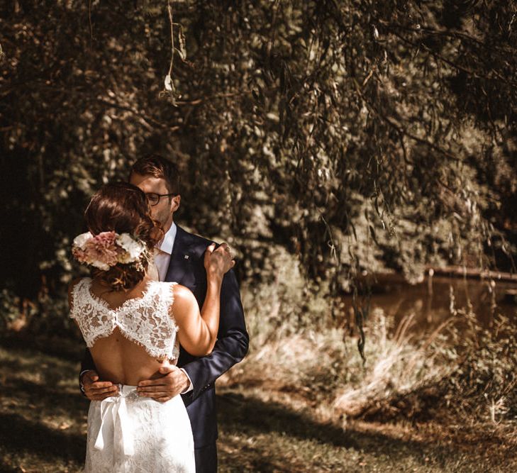 First Look | Bride in Lace Venus Bridal Gown | Groom in Ted Baker Suit | Outdoor Wedding at Claxton Farm in Weaverville, North Carolina | Benjamin Wheeler Photography