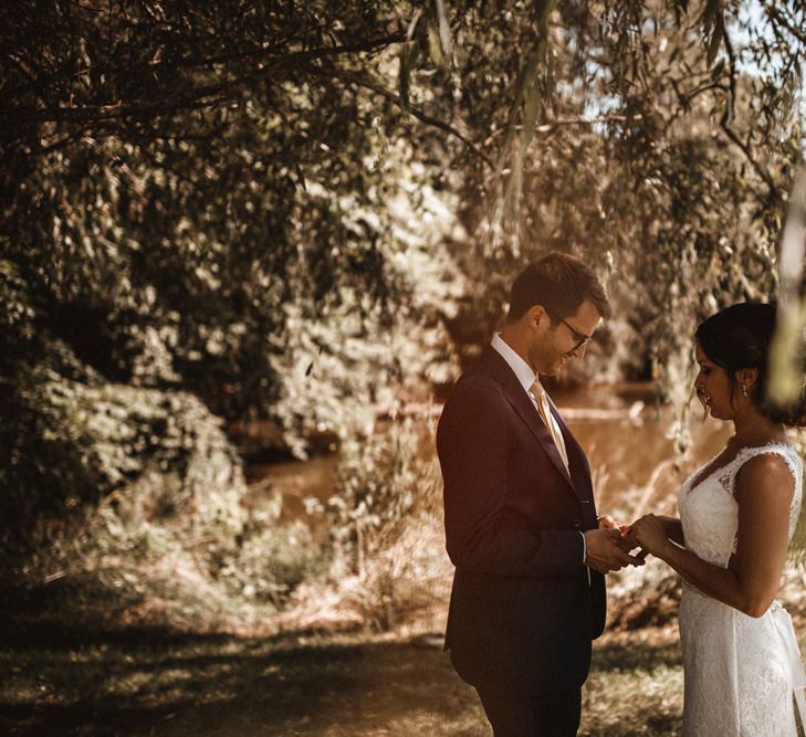 First Look | Bride in Lace Venus Bridal Gown | Groom in Ted Baker Suit | Outdoor Wedding at Claxton Farm in Weaverville, North Carolina | Benjamin Wheeler Photography