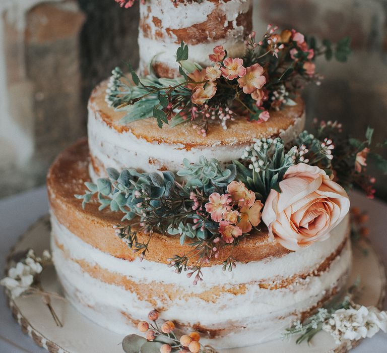 Semi Naked Wedding Cake With Fresh Flowers