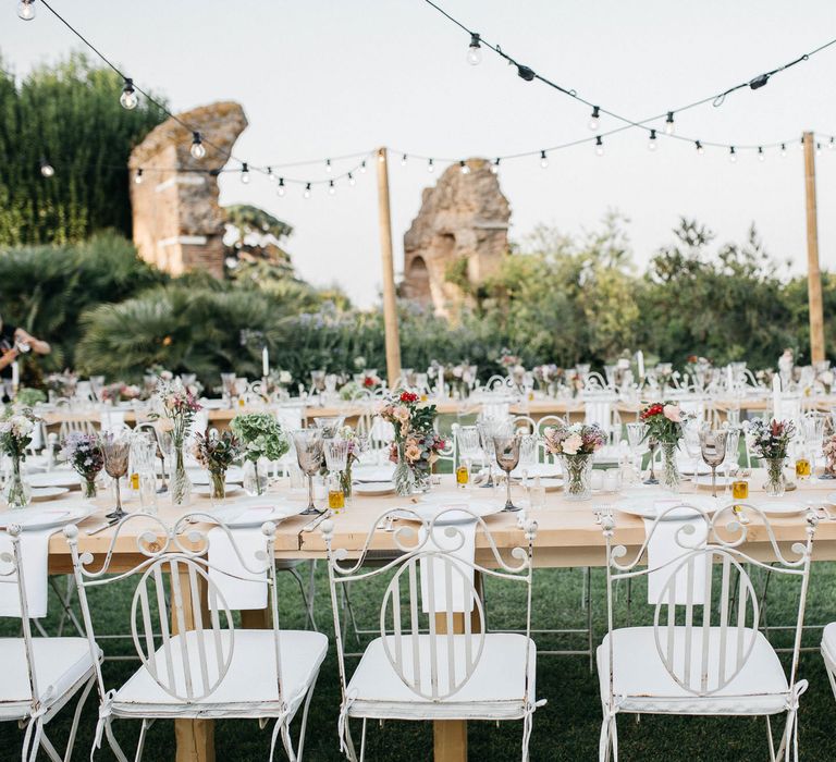 Outdoor Wedding Reception In Rome With Romantic Blush Pink & White Decor And Festoon Lights Planned By Wanderlust Wedding Images From Stefano Santucci