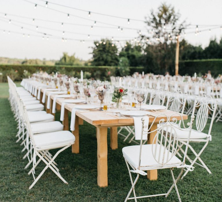 Outdoor Wedding Reception In Rome With Romantic Blush Pink & White Decor And Festoon Lights Planned By Wanderlust Wedding Images From Stefano Santucci