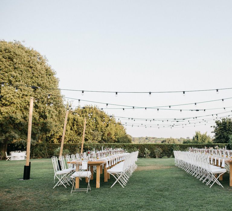 Outdoor Wedding Reception In Rome With Romantic Blush Pink & White Decor And Festoon Lights Planned By Wanderlust Wedding Images From Stefano Santucci