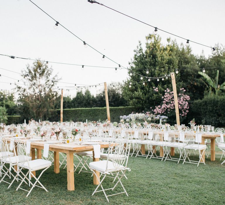 Outdoor Wedding Reception In Rome With Romantic Blush Pink & White Decor And Festoon Lights Planned By Wanderlust Wedding Images From Stefano Santucci