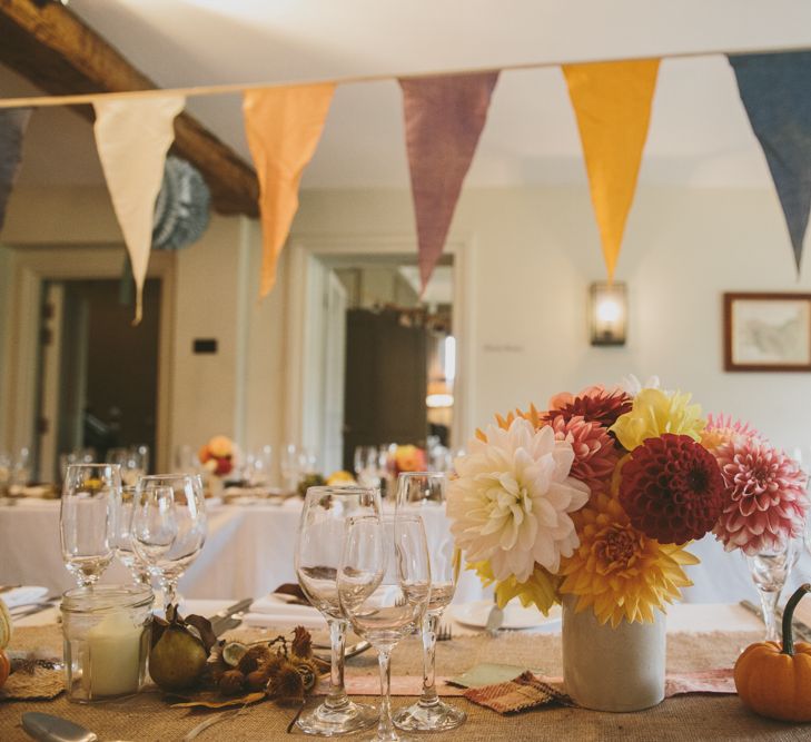 Autumnal Wedding Decor with Bunting & Dahlia Flowers