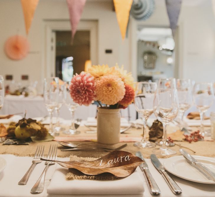 Autumnal Wedding Decor with Bunting & Dahlia Flowers