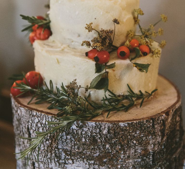 Rustic Wedding Cake on Tree Stump Cake Stand