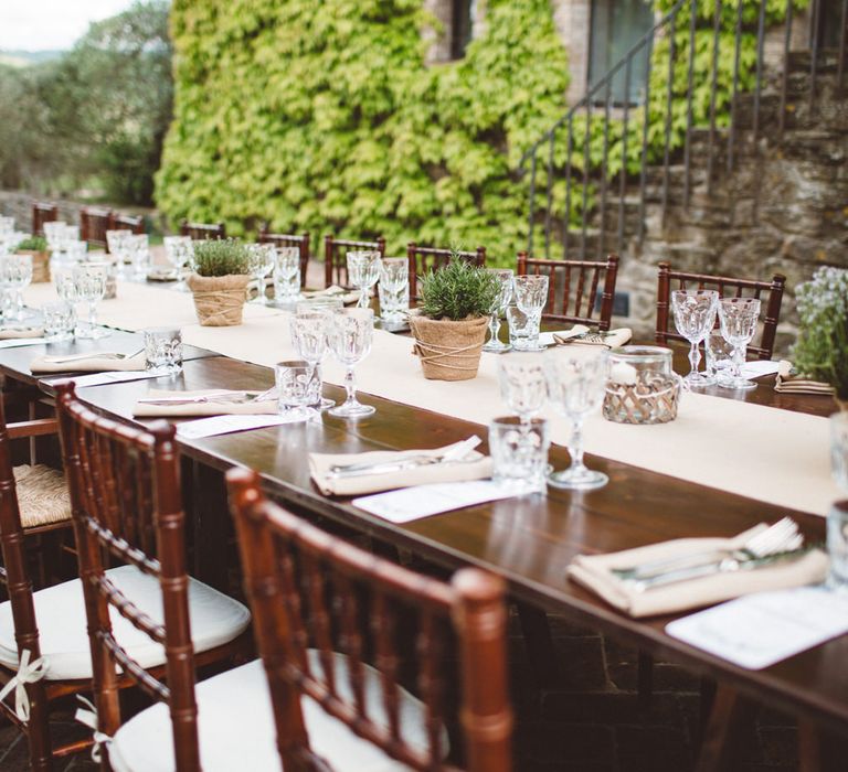 Plant Pot Centrepieces | Reception Tablescape | Outdoor Wedding at Borgo Bastia Creti in Italy | Paolo Ceritano Photography