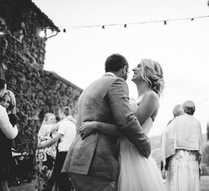 First Dance | Bride in Lyn Ashworth Wedding Dress | Groom in Light Blue Jacket | Outdoor Wedding at Borgo Bastia Creti in Italy | Paolo Ceritano Photography