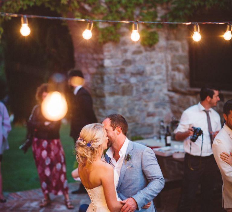 First Dance | Bride in Lyn Ashworth Wedding Dress | Groom in Light Blue Jacket | Outdoor Wedding at Borgo Bastia Creti in Italy | Paolo Ceritano Photography