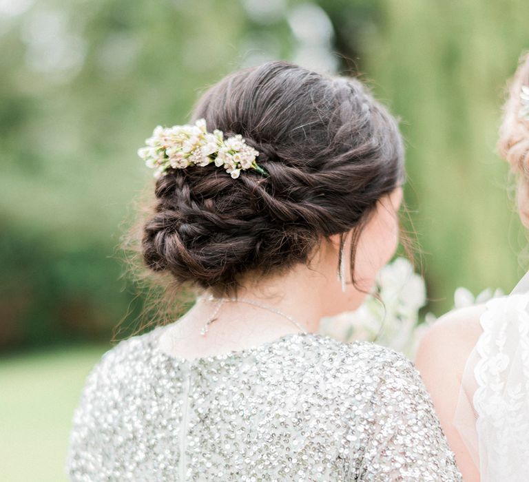 Bridesmaid Up Do | Bridesmaid in Green Sequin & Tulle Maya Dress from ASOS | Romantic Pastel Wedding at Prested Hall, Essex | Kathryn Hopkins Photography | Sugar Lens Productions