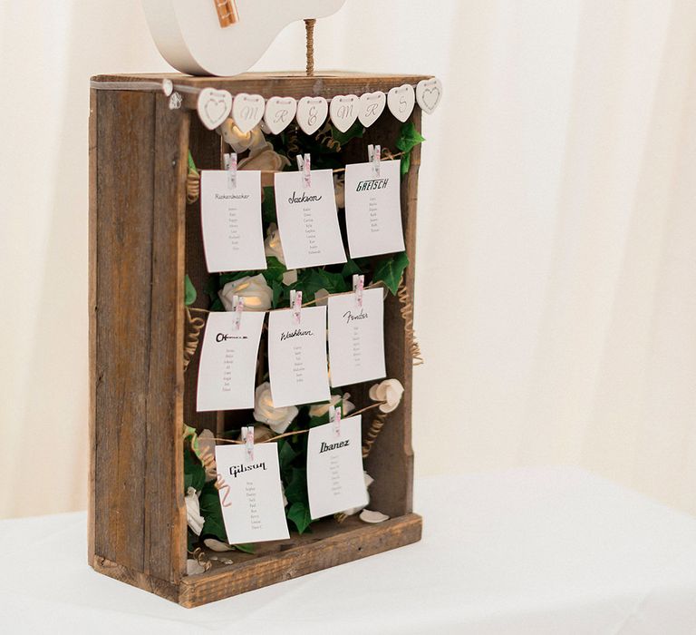 Wooden Crate Table Plan | Lantern Filled Marquee Reception | Romantic Pastel Wedding at Prested Hall, Essex | Kathryn Hopkins Photography | Sugar Lens Productions