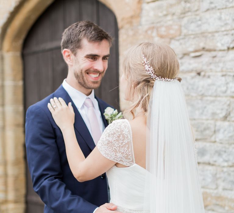 Almonry Barn Exclusive Hire Wedding Venue In Somerset With Pastel Flowers & Fairy Lights Images From Bowtie and Belle Photography With Bride In Wtoo By Watters